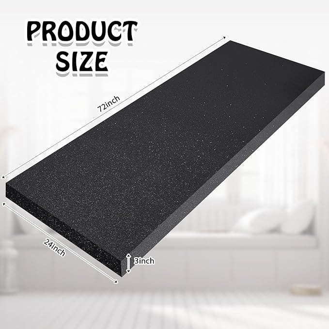 Amylove Polyurethane Foam 24" x 72" High Density Cushion Upholstery Foam Sheet for Seat Replacement DIY Projects Chairs Headboards Sofas Home(3" x 24" x 72",Black)