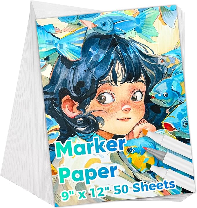 Marker Paper 9" x 12", 50 Sheets 73lb/120gsm Alcohol Marker Paper, Smooth Painting Coloring Loose Drawing Paper, Art Supplies for Kids Adults Teacher Marker Pad Sketchbook, Classroom Must Have