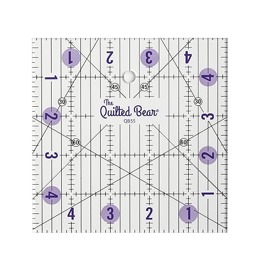 The Quilted Bear Quilting Rulers - Transparent Acrylic Non Slip Quilting, Patchwork & Sewing Ruler with Clear Black Lines & 30, 45 & 60 Degree Angles for Perfect Accuracy & Precision (5" x 5")