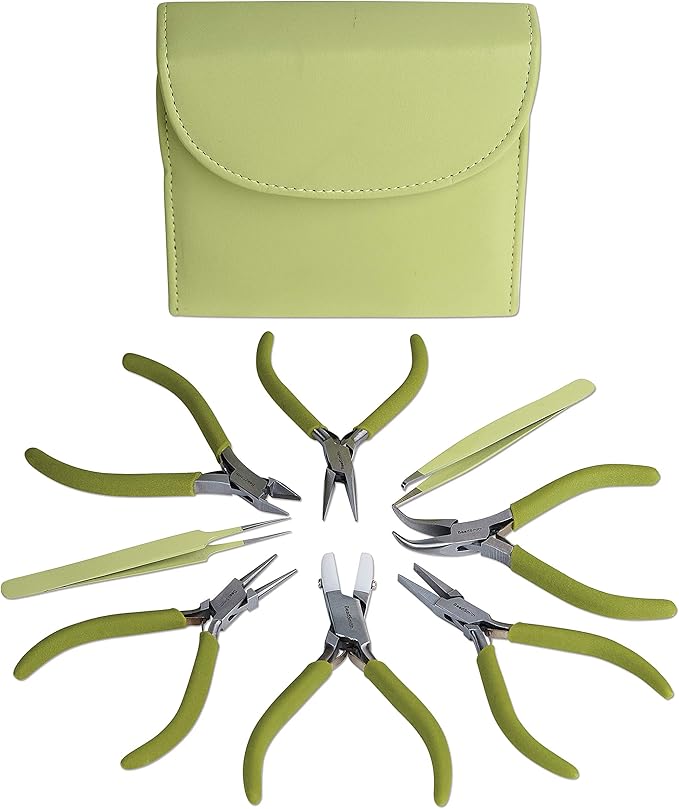 The Beadsmith Fashion Color Pliers – Set of 8 Slimline Color-Coordinated Tools – Matching Clutch in Light Olive – Jewelry Making Supply Kit to Create Necklaces, Bracelets, Earrings & More