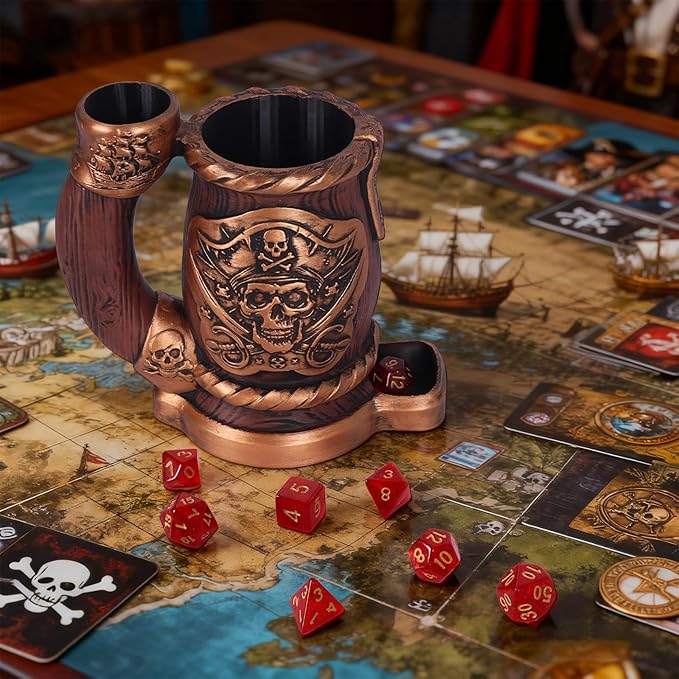 Dice Tower Mug, Dice Rolling Tower, Comes with 7 PCS Dice Set, Suitable for DND Dungeons and Dragons, Tabletop Games, Available As Drink Holder, D&D Gifts, DND Accessories (Wooden Skull)