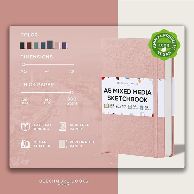 Beechmore Books A5 Sketch Book – 5.8"x8.3" Premium Vegan Leather Hardcover Sketchbook, 96 Thick 300gsm Perforated Ivory Pages, Ideal for Sketching, Watercolor & Mixed Media, Includes Back Pocket