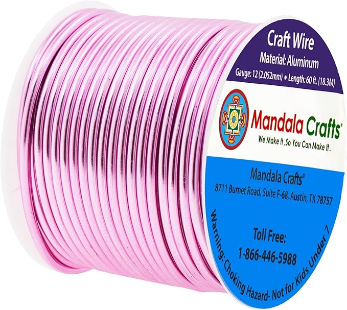 Mandala Crafts 12 Gauge Anodized Aluminum Craft Wire for Jewelry Making - 60 FT Colored Flexible Pink Wire - Bendable for Bonsai Armature Crafting Sculpting