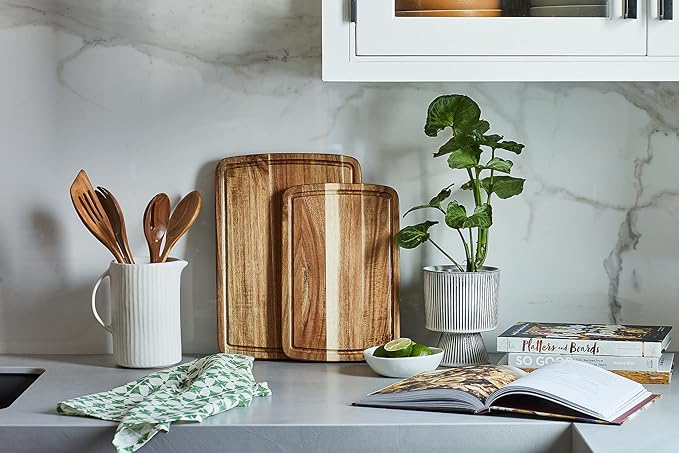 Set of 2 Sonder Los Angeles Acacia Wood Cutting Boards with Juice Groove, Gift Box Included - Small & Medium Sizes: 14x10x1in & 12x8x1in. Ideal for Meat, Vegetables, and Organic Produce Sustainable