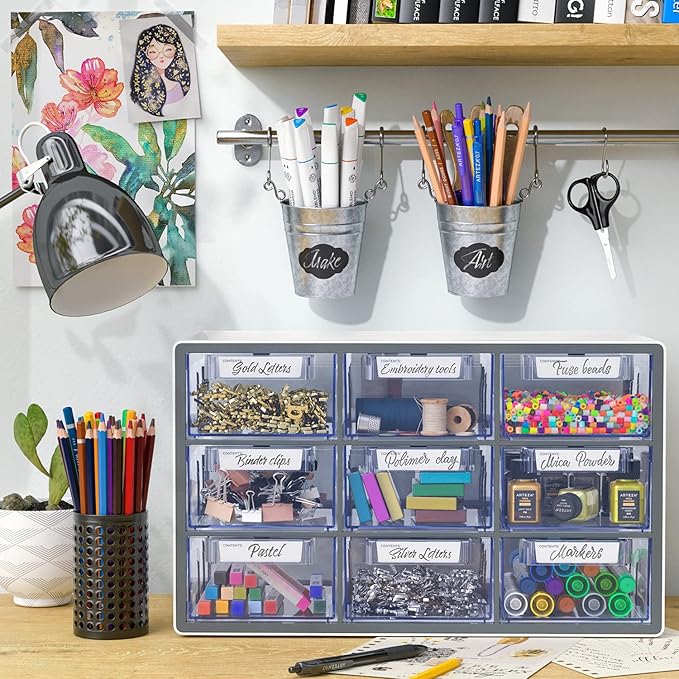 Arteza 9 Drawer Storage Cabinet, 16.1 x 9.3 x 9.8 inches, White, Plastic Drawers with Stoppers, Multi Compartment Organizer for Makeup and Art Supplies