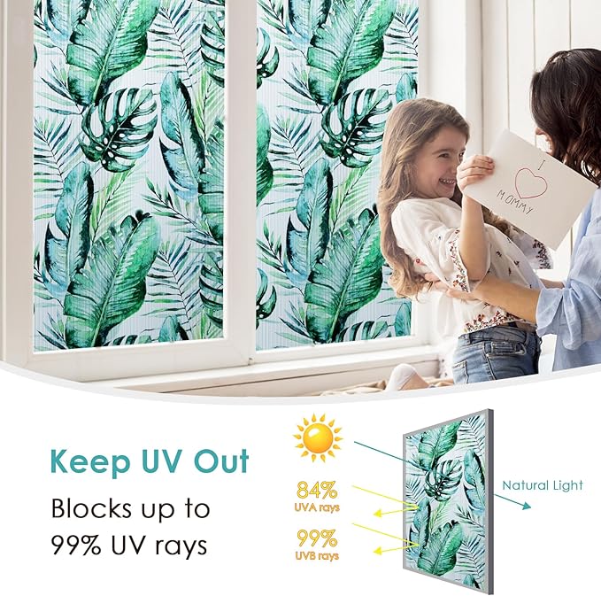 DKTIE Nature Pattern Rainbow Window Film Decorative Stained Glass Window Film Static Cling Films Easy Apply Removable Comes with Tools (U560-Reeded Glass, 35.4" x 78.7")