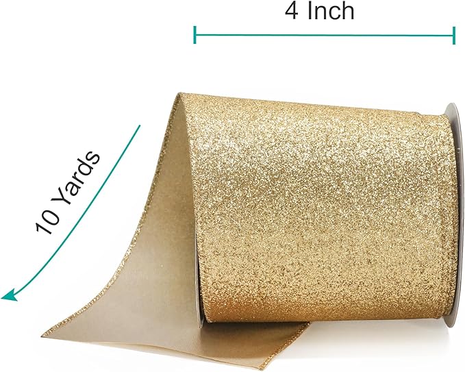 CT CRAFT LLC Glitter Wired Ribbon 4" x 10 Yards Light Gold for Christmas Home Decor Bow Gift Wrapping DIY Crafts Wreath
