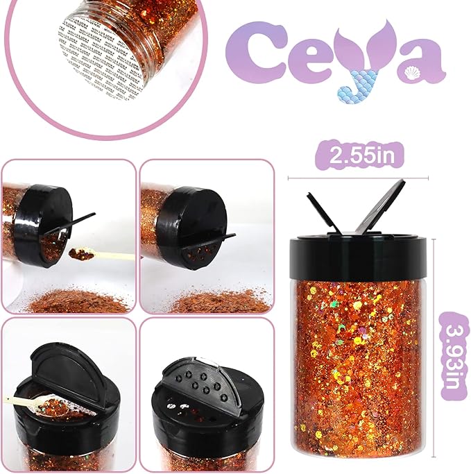 Ceya Holographic Chunky Glitter, 4.9oz/ 140g Orange Craft Fall Glitter Powder Mixed Chunky & Fine Flakes Iridescent Sequins for Pumpkin,Nail Art, Hair, Epoxy Resin, Tumblers, Slime, Festival Decor