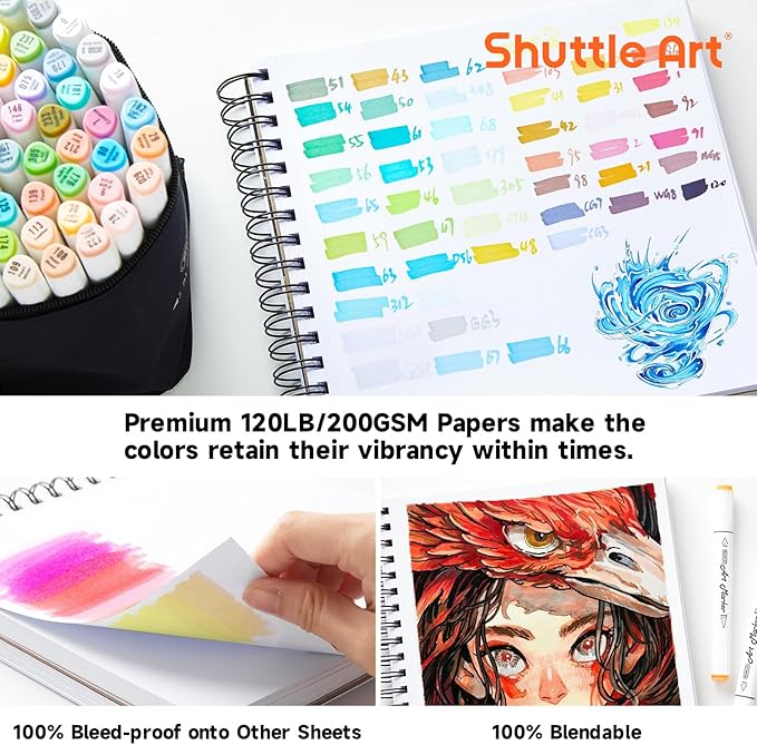 Shuttle Art Marker Pad, 8.3”x8.9” Portable Square Sketchbook, 80 Sheets Marker Drawing Paper, 120LB/200GSM Bleedproof Art Paper, Spiral-Bound, Great for Professional Artist to Draw, Paint & Sketch