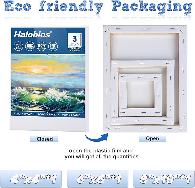 Stretched Canvases for Painting with 4x4 Inch, 6x6 Inch, 8x10 Inch, 3 Packs Pinting Blank Canvases for Acrylics,Oils & Other Painting Media, 5/8 Inch Profile 100% Cotton Artist Framed Canvas