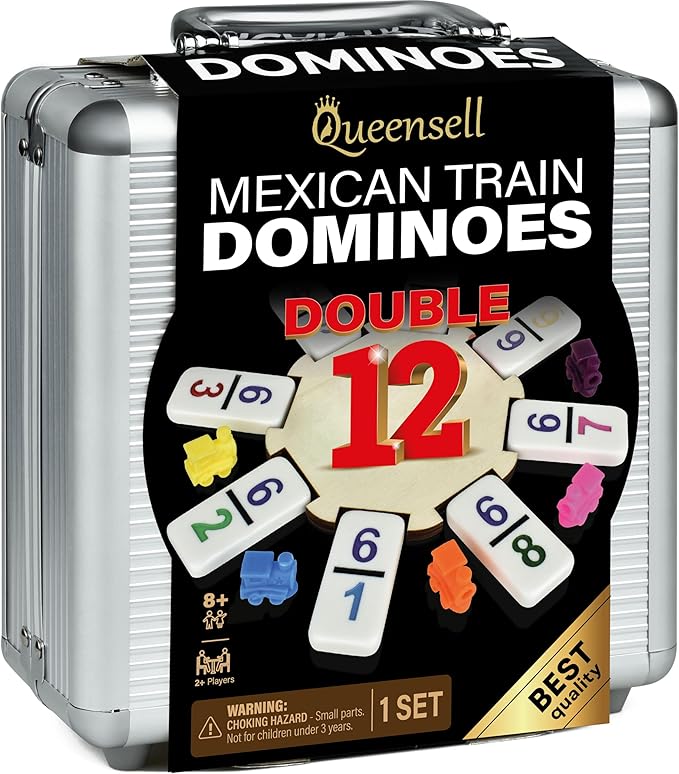 Queensell Mexican Train Dominoes Set with Numbers, Double 12 Dominoes Sets for Adults, Mexican Domino Train for Adults and Family - Domino Sets 91 Tiles with Aluminum Case