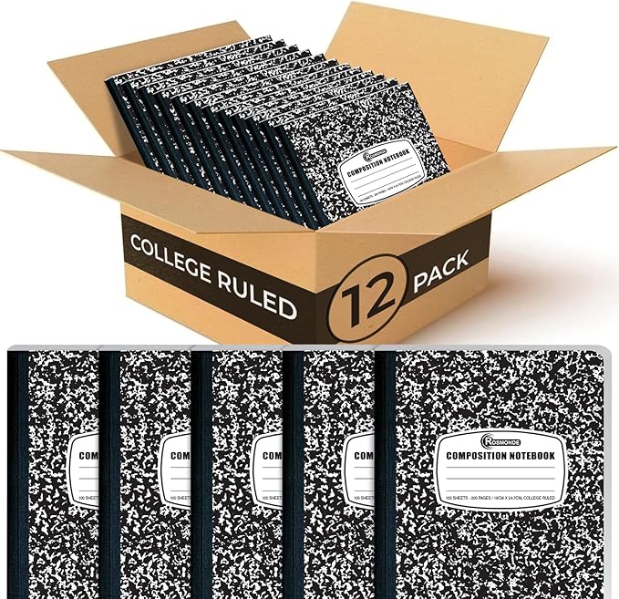 Rosmonde 12 Pack Composition Notebook College Ruled Bulk, 200 Pages (100 Sheets), 9-3/4 x 7-1/2, Hard Cover College Ruled Notebook Bulk, Black Marble Composition Notebook College Ruled, Bulk Notebooks