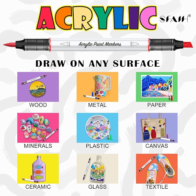 SFAIH Pumpkin Acrylic Markers, 12 Colors Halloween Decor Paint Pens for Pumpkin Decorating, Costume Making, Dual Tips (1-6mm Brush & 0.5-4mm Chisel) for Glass, Ceramic, fabric, Waterproof & Quick-Dry