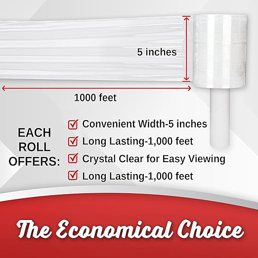 12 Pack Industrial Strength Mini Hand Stretch Wrap 5" 1000 Ft Roll 80 Gauge Thick, Shrink Wrap Roll for Moving Supplies, Furniture, Pallets, Plastic Wrap for Packing, Heavy Duty Stretch Film