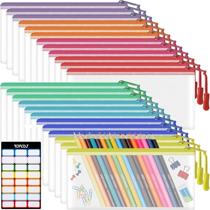 24pcs Mesh Zipper Pouch Bags 9.3 x 4.7 Inches, 8 Color Small Clear Pouches Bulk, Travel Cosmetics Organization, Classroom and Office Supplies