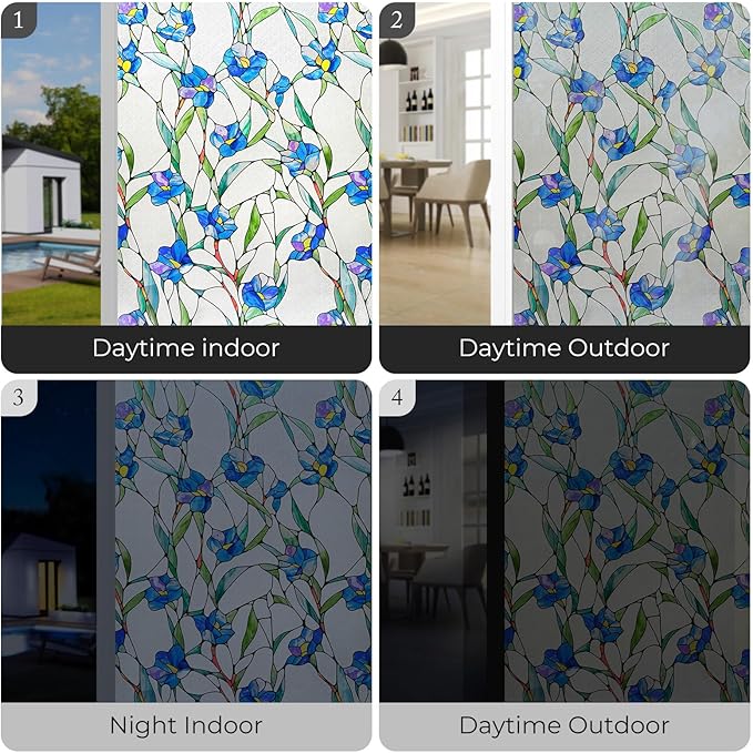 3D Stained Glass Window Film, Decorative Window Privacy Film for Bathroom,Front Door,Home, Sun Blocking Heat Control,Static Cling, Blue Eustoma 23.6inch x 35.4inch