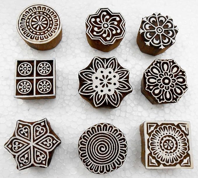 Handcarved Wooden Block Printing Stamps (Set of 9) for Textile Designing/Craft Printing Pattern for Saree/Scrapbookng/Tattoo