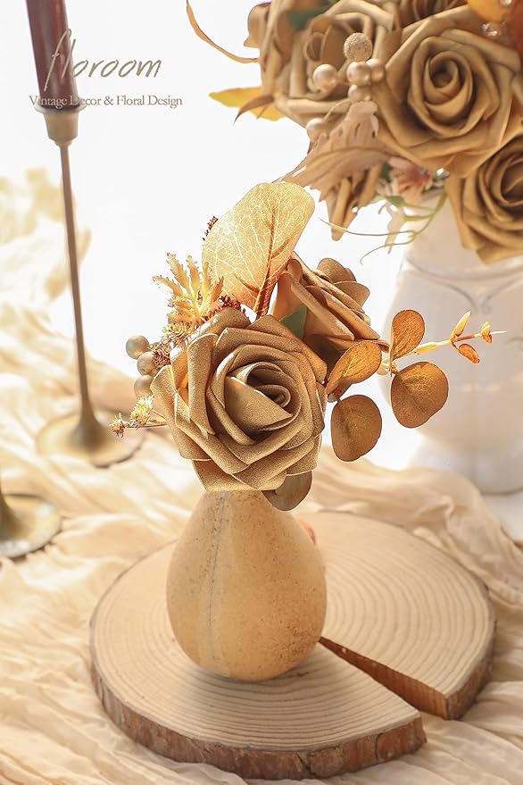 Floroom Artificial Flowers 25pcs Real Looking Antique Gold Foam Fake Roses with Stems for DIY Wedding Bouquets Bridal Shower Centerpieces Floral Arrangements Party Tables Home Decorations