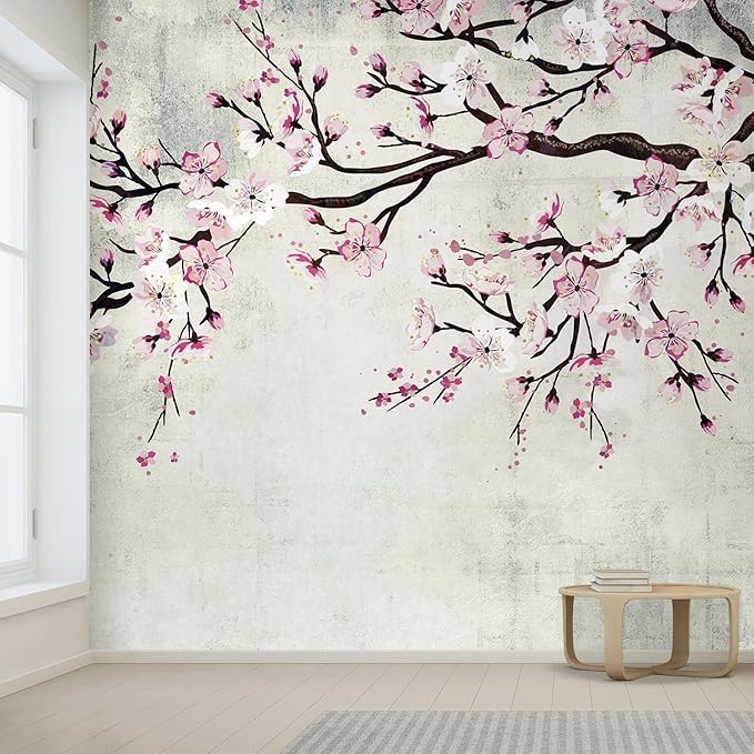 wall26 Wall Sticker/Wall Mural Watercolor Style Ink Painting Pink Cherry Blossom on Vintage, Not Peel and Stick, Non-Woven Wallpaper Decorative for Bedroom, Living Room, Office - 120x144 inches