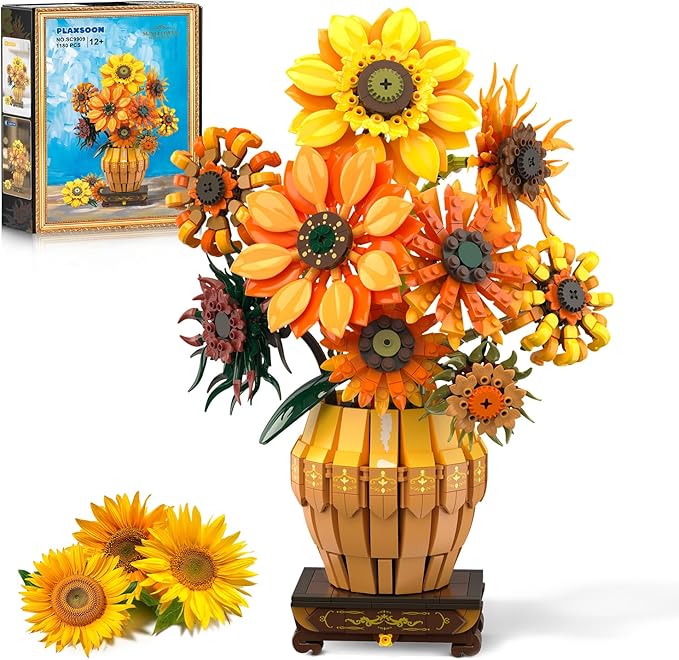 Sunflower Building Set with Lights Vase Base, Flowers Botanical Collection Building Block Home Decor, 1180PCS Art Flower Bouquet Bonsai Plant Building Kit Gift for Adults Teens Girls Boys 12+