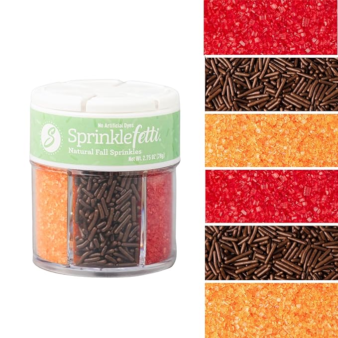 Sweets Indeed Natural Fall Sprinkles 6-Cell Jar – 2.75 oz | Dye-Free Chocolate Jimmies & Red & Orange Sanding Sugars | Autumn & Thanksgiving Cupcake & Cookie Decorations