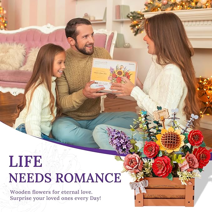 3D Wooden Flower Puzzle for Adults-Wooden Bloom Box, DIY Craft Model Kit Building Set, Botanical Decor Creative Gift for Lovers Nature Enthusiasts (658PCS)