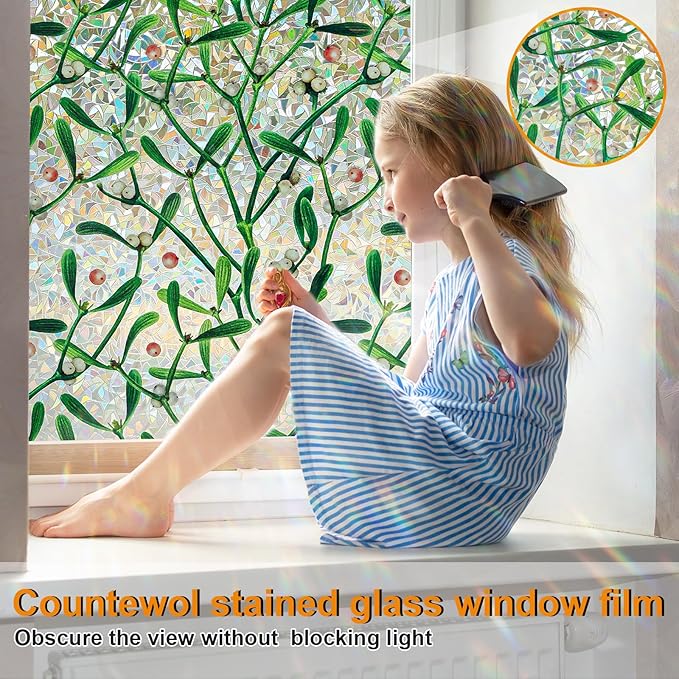 Window Privacy Film Stain Glass Window Film Rainbow Window Film Window clings Non-Adhesive Reusable Decorative for Room (Mistletoe Rainbow, 17.5 x 78.7 in)