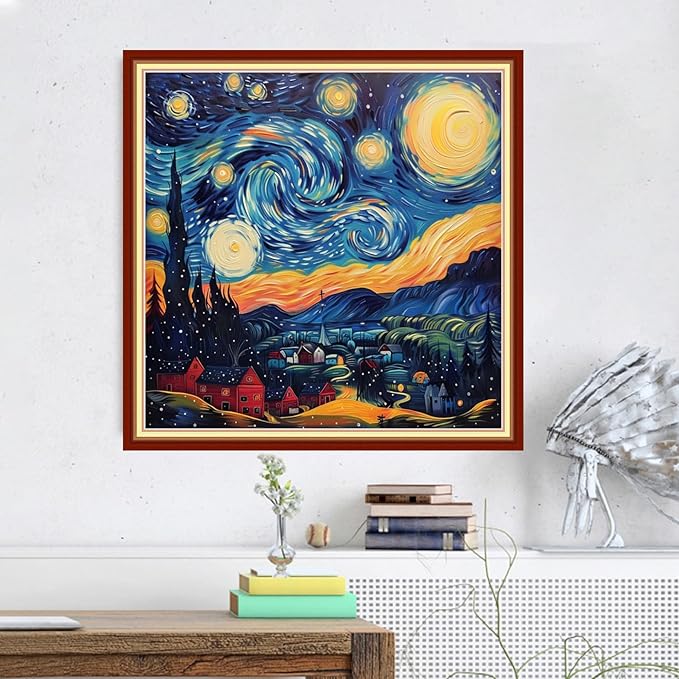 Magxvouy Cross Stitch Kits Stamped Full Range of Embroidery Kits,Cross Stitch Patterns Needlework Kits for Beginners 11CT Printed Kits&Van Gogh Starry Sky 18x18 inch
