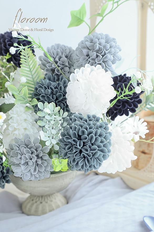 Floroom Artificial Dahlia Flowers 25pcs Real Looking Blue Shades Foam Fake Roses with Stems for DIY Wedding Bouquets Bridal Shower Centerpieces Floral Arrangements Party Tables Home Decoration