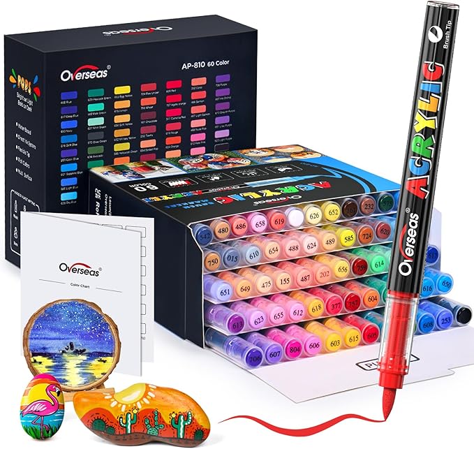 Overseas Acrylic Paint Markers 60 Colors, Brush Tip Paint Pens with Automatic Ink Control System, Quick Drying Liquid Ink Acrylic Marker for Rock, Wood, Canvas, Glass, Fabric, Metal, Plastic, Rubber