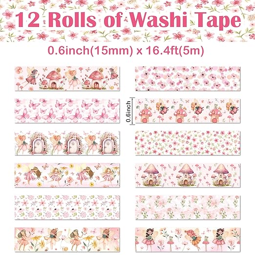 12 Rolls Fairy Washi Tape Set, Fairy Mushroom Butterfly Floral Decorative Tape, Pink Watercolor Masking Tapes for Scrapbooking Journaling Party Supplies, DIY Art Crafts, Gift Wrapping 16.4FT