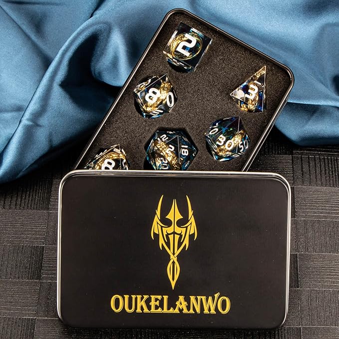 OUKELANWO Magic Lord Rings DND Dice Set with Box, 7Pcs Resin LOTR D&D Dice Set for Role Playing Game, Blue Dungeons Dragons D and D Sharp Edge Dice D20 D12 D10 D8 D6 D4
