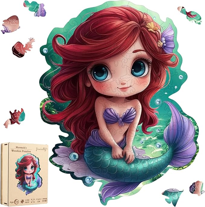 Wooden Puzzles for Adult and Kids, 100 Pieces Ocean Puzzle, Mermaid Unique Shaped Wooden Preschool Puzzle, Toddler Wooden Puzzle Toy Gift for Family and Friends, Suitable for Family Games