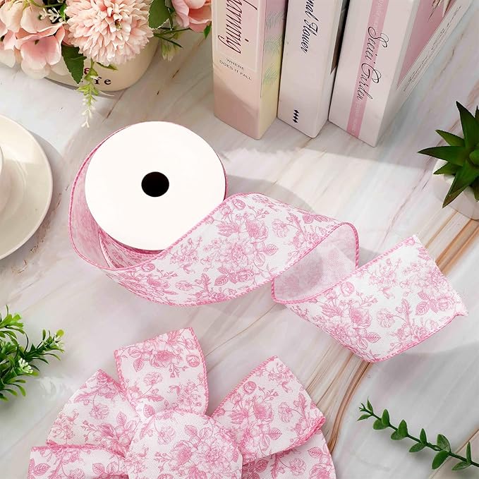 AnyDesign Floral Wired Edge Ribbon Roll Pink Flower Ribbon Chinoiserie Fabric Ribbon for Wreath Bow Making DIY Crafts Gift Wrapping, 12 Yard