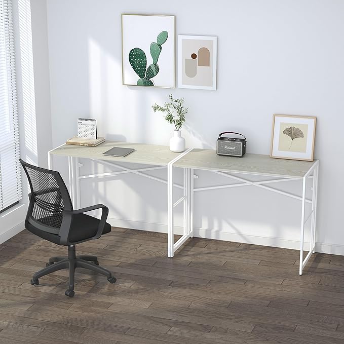 40 inch Folding Desk, Writing Gaming Computer Camping Desk, No Assembly Required Home Office Table, Natural and White