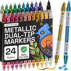 ARTISTRO 24 Metallic Dual-Tip Acrylic Paint Markers for Rock, Canvas, Glass, Wood, & More Fine + Dot Tips