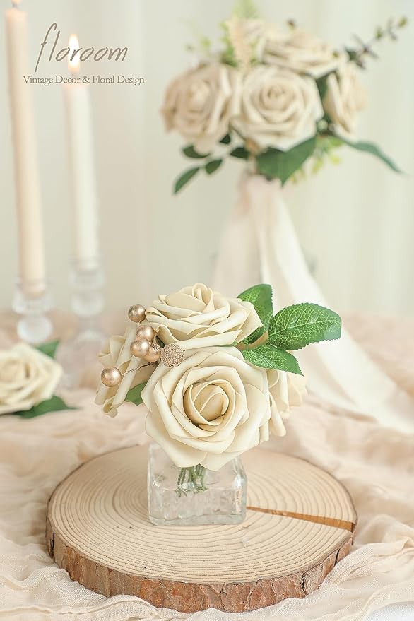 Floroom Artificial Flowers 25pcs Real Looking Beige Foam Fake Roses with Stems for DIY Wedding Bouquets Bridal Shower Centerpieces Floral Arrangements Party Tables Home Decorations