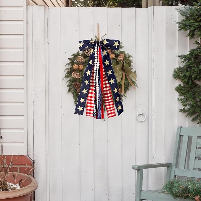 Large Patriotic Star Ribbon Bow for Wreath, Red White Buffalo Plaid Fabric Ribbons Set Assorted Lace Ribbon 4th of July Clip-On Wreath Sash Ribbons Bundle for Patriotic Indoor Outdoor Decor