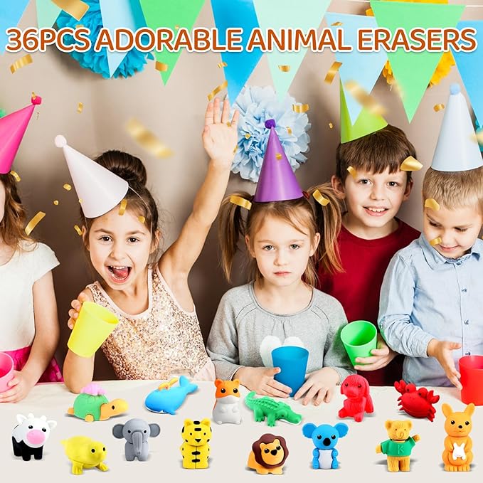 36Pcs Animal Erasers Kids Desk Pets Pencil Erasers 3D Puzzle Bulk Mini Animal Eraser Toys Fun Cute Eraser for Classroom Rewards, Game Prizes, Treasure Box, Easter Egg Fillers