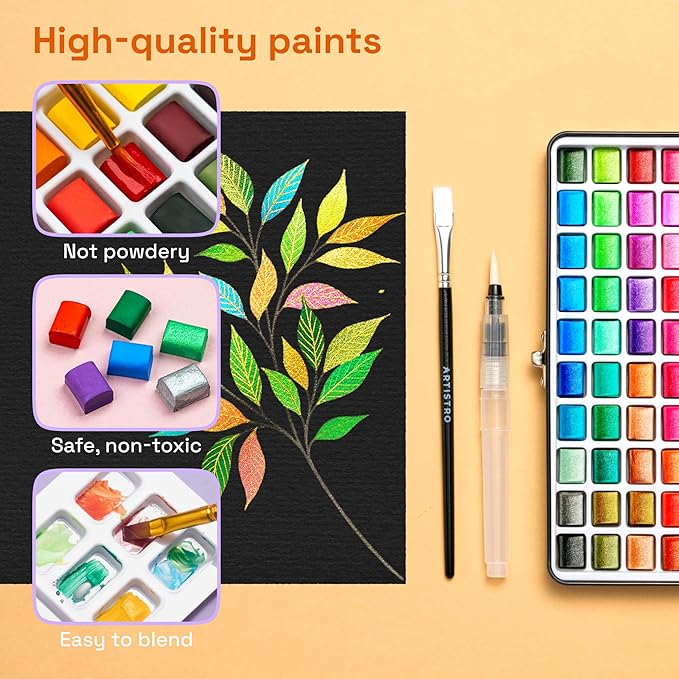 ARTISTRO 50 Metallic Watercolor Paint Set, Vivid Colors in Portable Box, Palette set. Perfect Travel Watercolor Set for Artists, Amateur Hobbyists and Painting