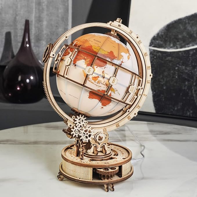 ROKR 3D Wooden Puzzles for Adults Illuminated Globe with Stand 180pcs 3D Puzzles Built-in LED Model Kit Hobby Gifts for Adults Home Decor
