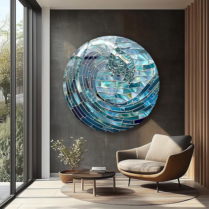 My Photostation.com 31.5''(80cm) Diameter Ocean Wave in Blue Mosaic Round Glass Wall Art Tempered Glass Printing Wall Decor Large Wall Art Wall Hangings