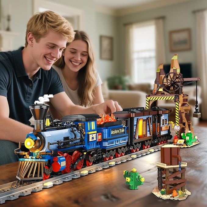 Western Train Building Set with Lights, 1912 PCS West Trains Static Display Model Toy with Tracks Windmill Water Tower, Home Office Decor Building Blocks for Adults Teens Big Boys Girls 12+