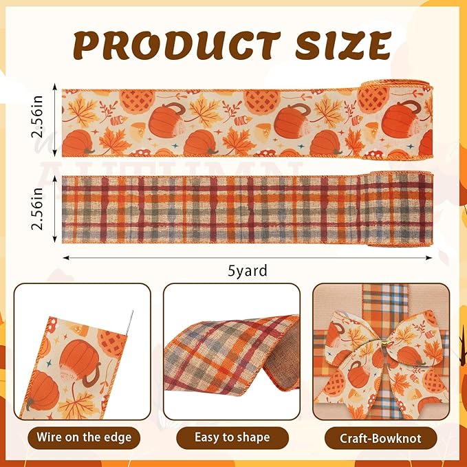 2 Rolls Fall Pumpkins Ribbons for Bows, Thanksgiving Wired Edge Ribbon Autumn Maple Leaf Burlap Ribbons for Gift Wrapping Fall Thanksgiving Decoration Supplies