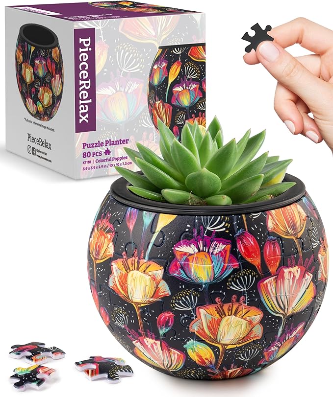 PieceRelax 3D Puzzle Planter 80 Pieces - Flower Pot - Colorful Poppies, Home Decor Flower Pots for Indoor Cactus, Succulents Pots [K1118]