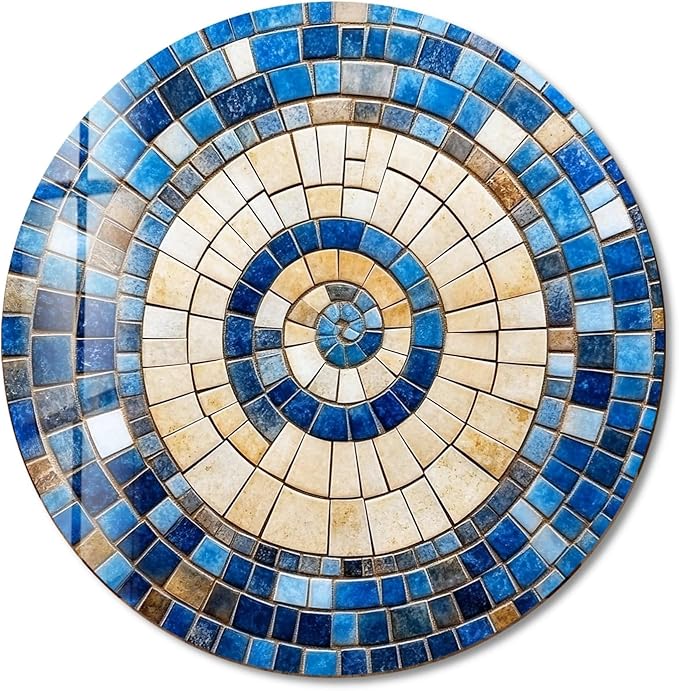 My Photostation.com 27.5''(70cm) Diameter Coastal Sunburst Beige & Blue Round Glass Wall Art Tempered Glass Printing Wall Decor Large Wall Art Wall Hangings