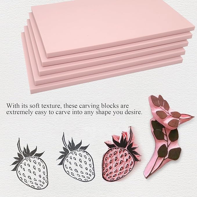 5 Pack 4"x6" Pale Pink Rubber Stamp Carving Blocks Pink Rubber Carving Blocks Linoleum Block for Stamp Maker Printmaking Supplies