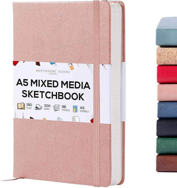 Beechmore Books A5 Sketch Book – 5.8"x8.3" Premium Vegan Leather Hardcover Sketchbook, 96 Thick 300gsm Perforated Ivory Pages, Ideal for Sketching, Watercolor & Mixed Media, Includes Back Pocket