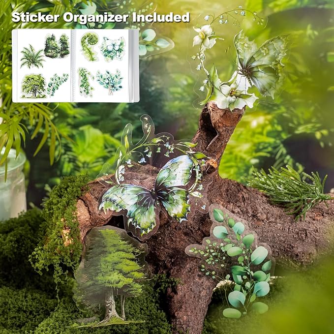120Pcs Forest PET Scrapbook Stickers Botanical Designs for Scrapbooking Waterproof Journaling Supplies Junk Journal Ephemera with Storage Organizer