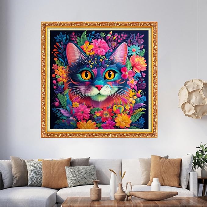 Foxhool Beginners Cross Stitch Kits Stamped Full Range of Embroidery Kits for Adults DIY Cross Stitches kit Embroidery Patterns for Needlepoint kit-Colorful Flower Cat 17.7x17.7 inch